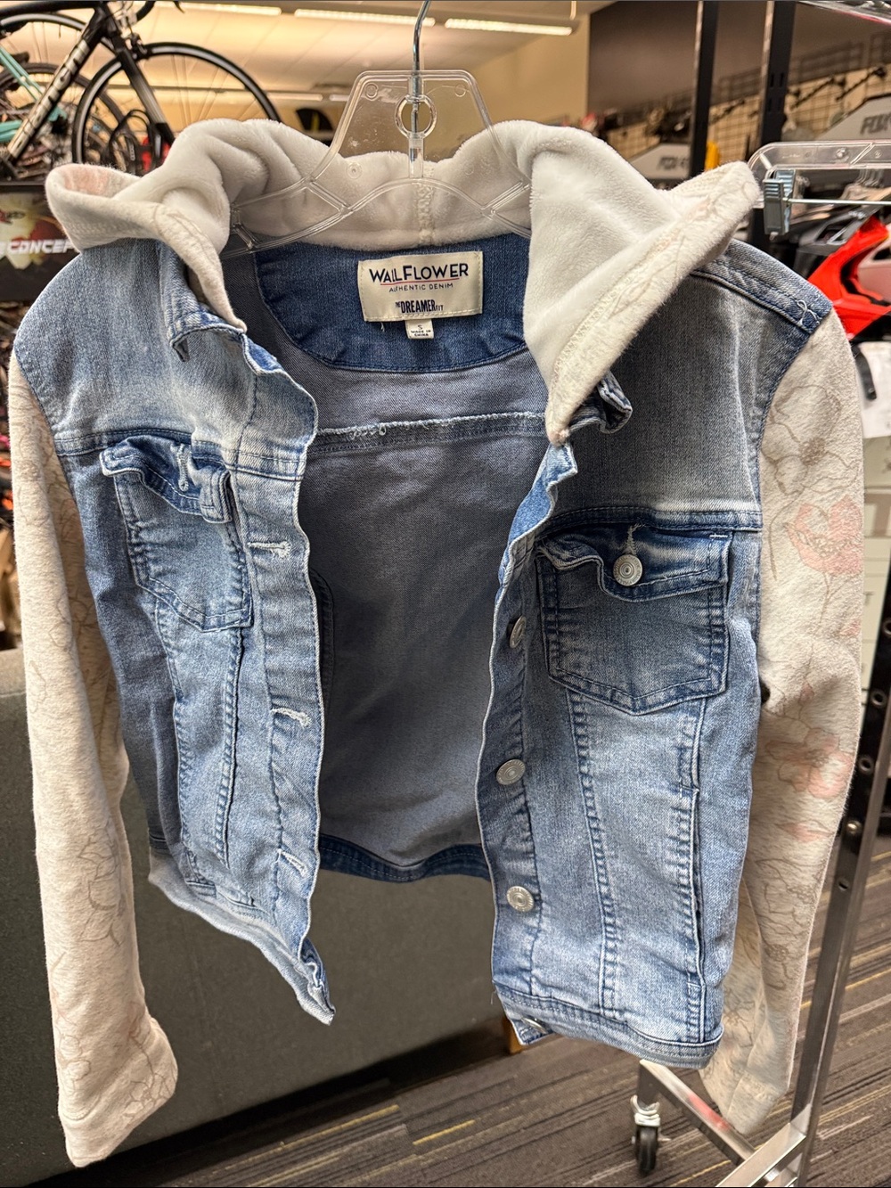 Juniors Wallflower Denim Jacket with Hoodies & Cream Flower Sleeves, Size Small